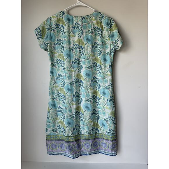 Bella Tu Modest Beaded V-Neck Shift Dress Size S Floral Print Turquoise Tassel - Picture 2 of 9
